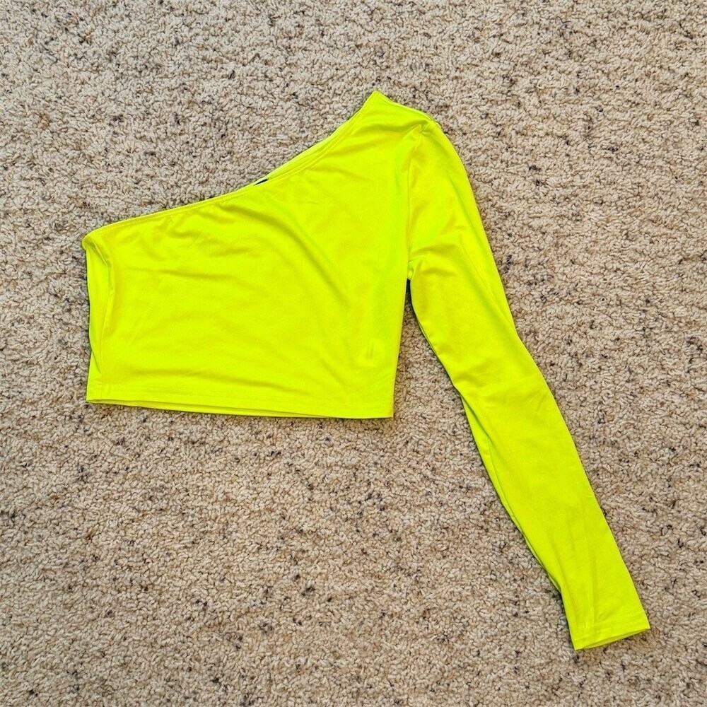 SHEIN Cropped Top Womens Size M Neon Yellow One Shoulder Long Sleeve